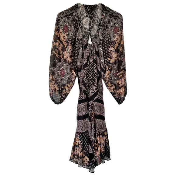 Free People Seven Wonders Black Combo Open Back Puff Sleeve Mini Dress Size M - Picture 2 of 12